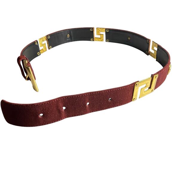 Vintage Greca Goddess Medusa Head Suede Burgundy Belt with Golden Hardware main image 7
